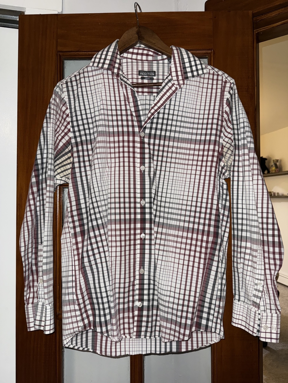 Kenneth Cole Plaid Dress Shirt in Burgundy, Black and White